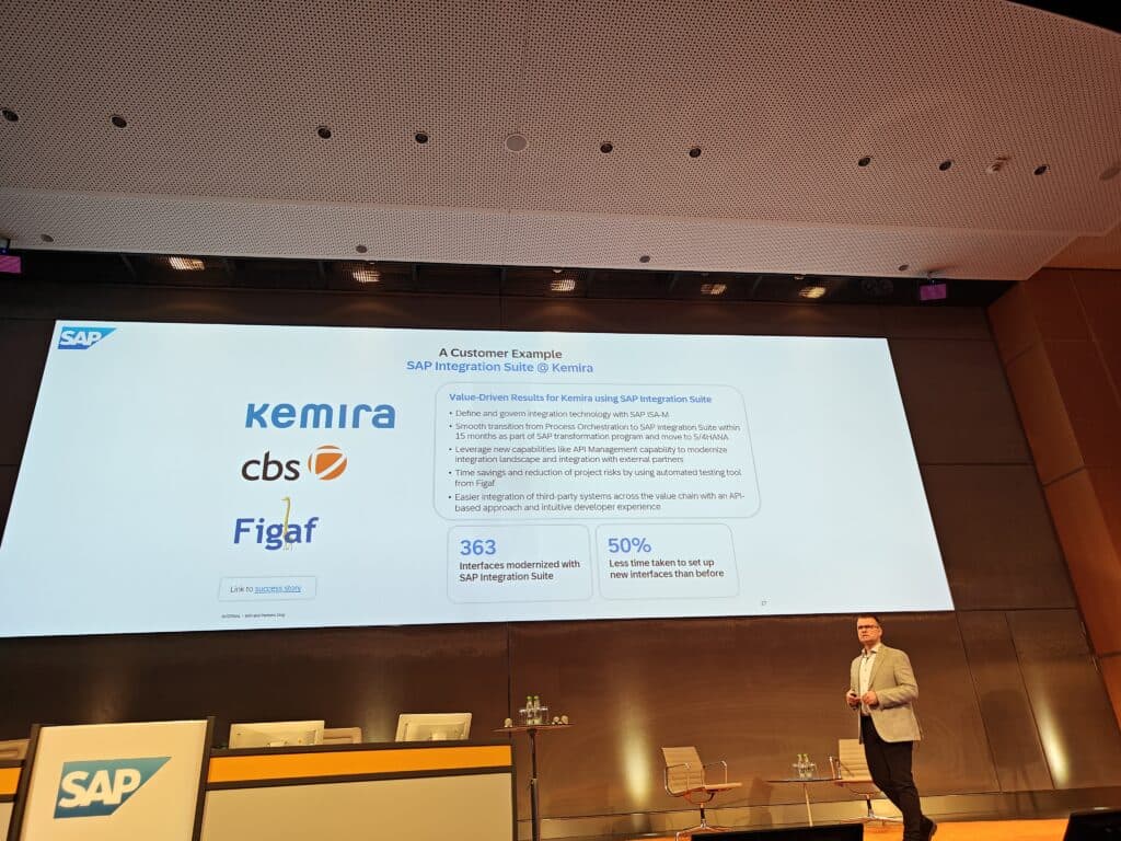 SAP slide on Kemira moving 363 interfaces to SAP Integration Suite with cbs and automated testing from Figaf