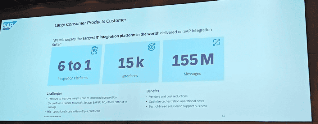 SAP slide on a large consumer products customer moving from six integration platforms to one, with 15k interfaces and 155M messages