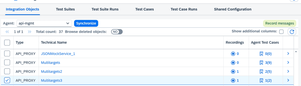 Figaf list of SAP API Management proxies with the option to record messages for testing