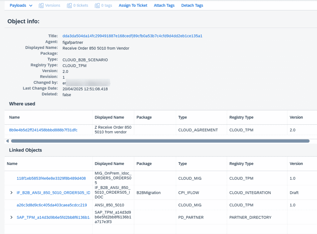 Version history of a TPM object in Figaf, showing when it was changed and what was changed