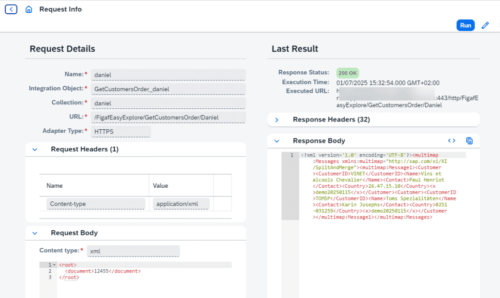 A send message request in Figaf, defined on an iFlow with its endpoint and payload