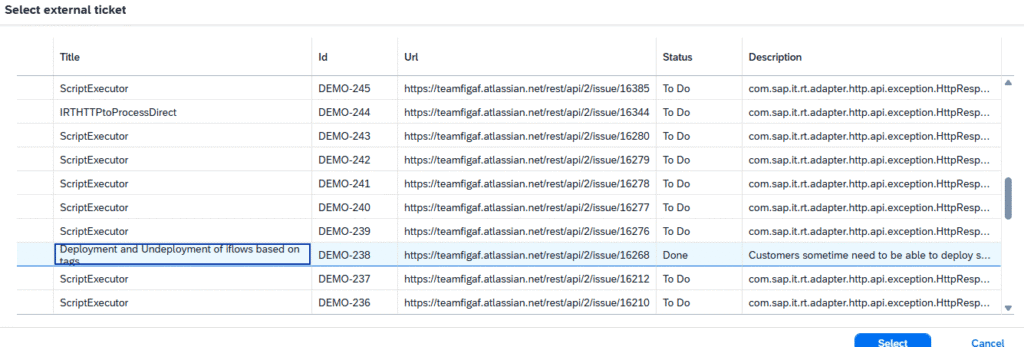 List of existing external tickets to choose from when creating a new Figaf ticket