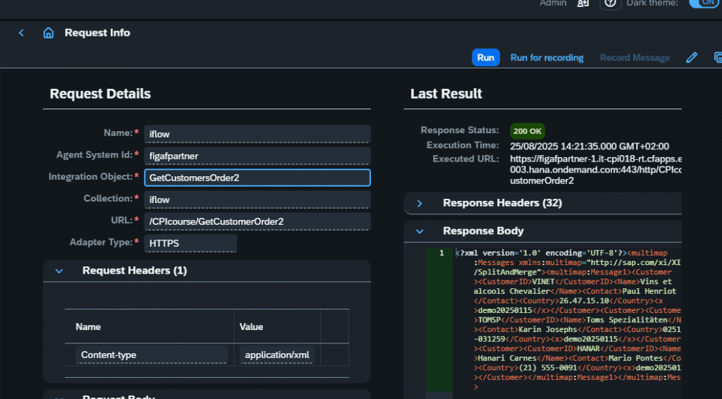 A test request in Figaf, sent to an iFlow on SAP Cloud Integration, with the response status and body shown beside it