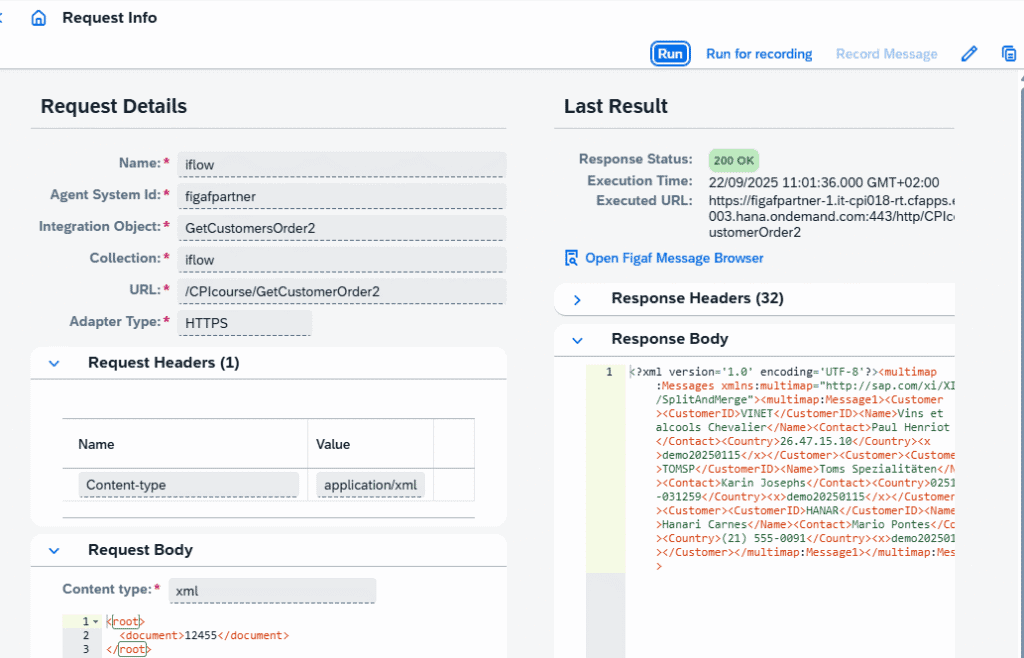 Figaf Vibe code for SAP Cloud Integration screenshot with response data.