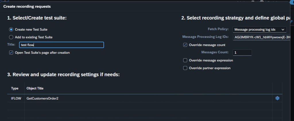 Screenshot: Create test case