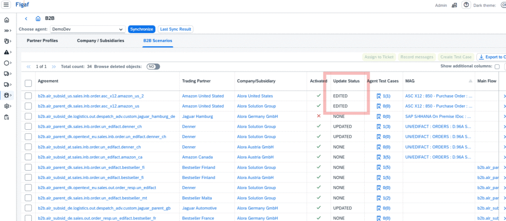 B2B scenarios overview filtered to agreements that have updates pending activation