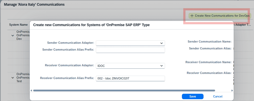 Dialog for creating new communications for a system type across development, test and production