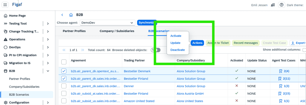 Figaf B2B scenarios overview with several scenarios selected and the Activate, Update and Deactivate actions