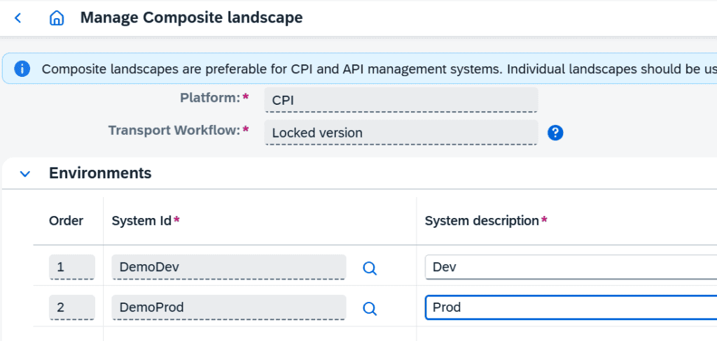 Manage Composite Landscape screen showing system environments for CPI and API management.