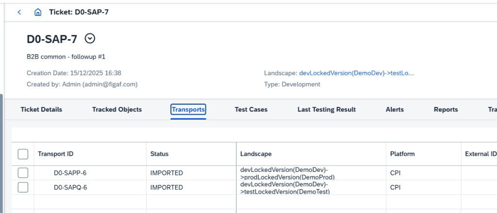 One Figaf ticket with two locked version transports, one to QA and one to production