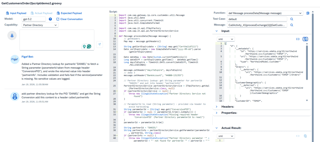 Figaf Groovy editor with the vibe coder, showing the script, payloads and AI conversation side by side
