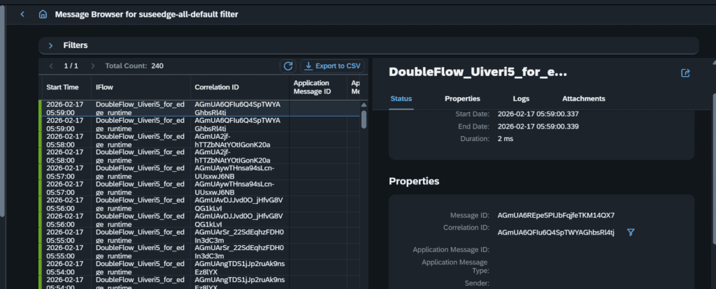 Figaf Message Browser for an edge filter, listing messages on the left and the status and properties of one message on the right
