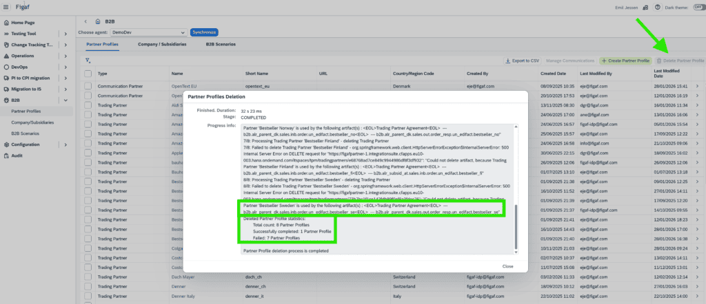 Figaf list of TPM partner profiles with several selected for deletion