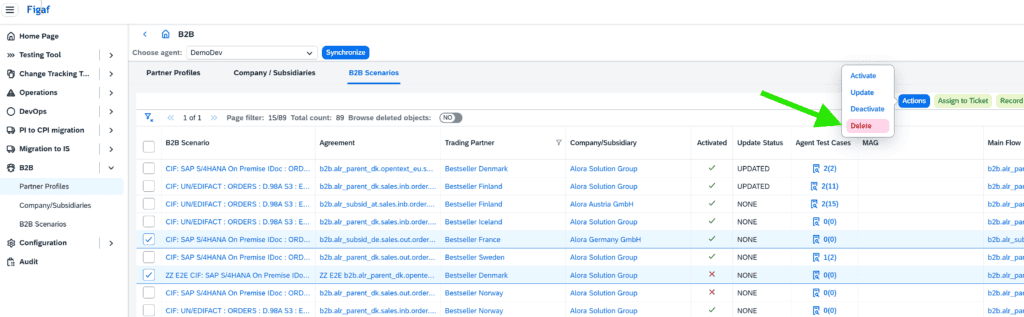Figaf B2B agreements list with several agreements selected for deletion