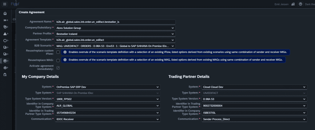 The single screen in Figaf for creating a TPM agreement for a selected trading partner