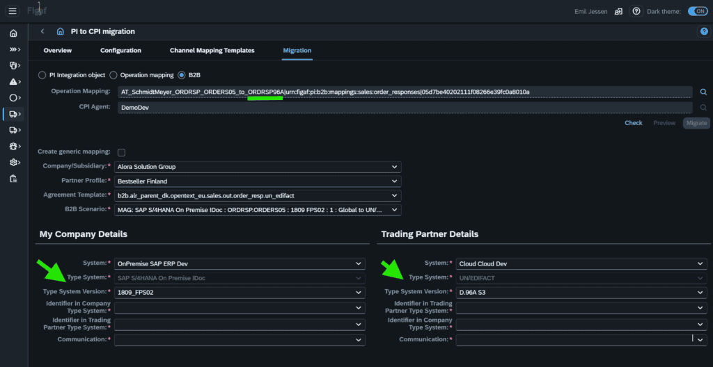 Screenshot of SAP CPI migration interface with configuration details.