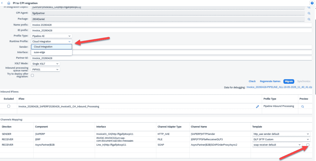SAP CPI migration interface with Cloud Integration profile selected and inbound processing details.