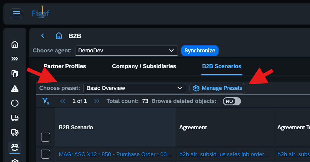 B2B scenarios overview with the presets menu open to switch between saved column views
