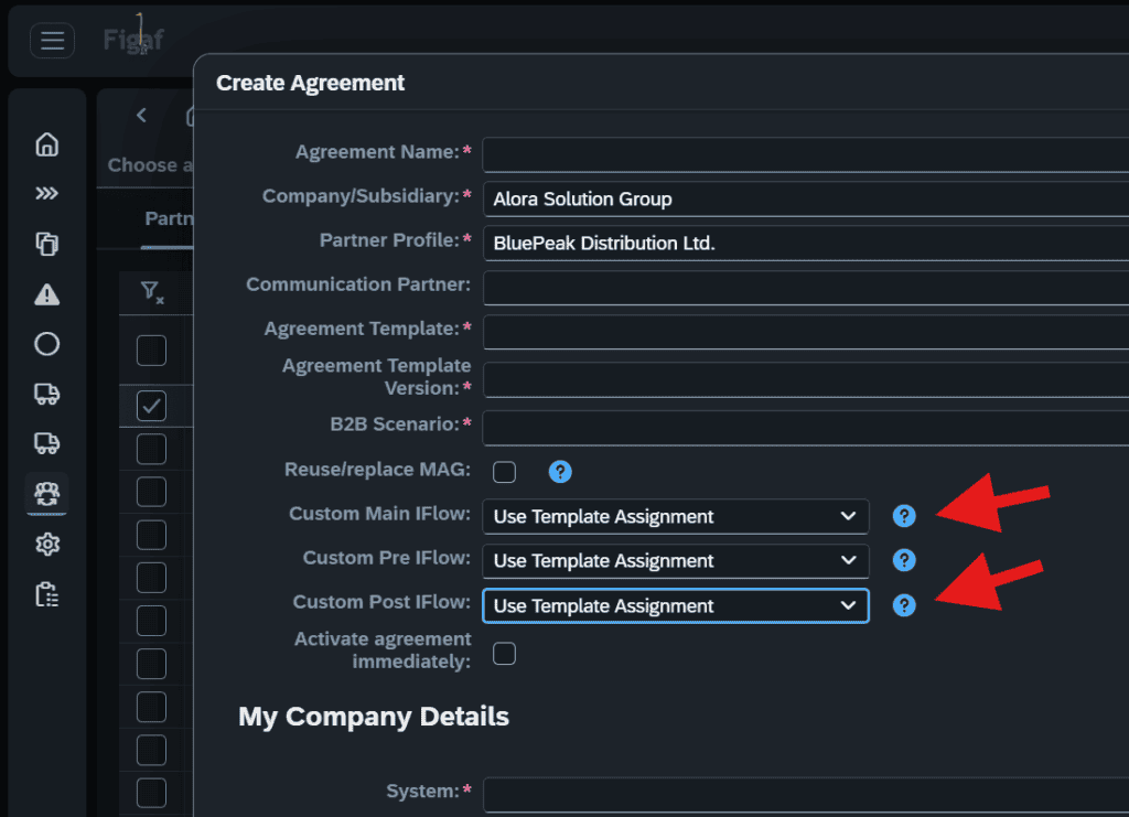 Figaf create agreement screen with template assignment and options to reuse existing iFlows