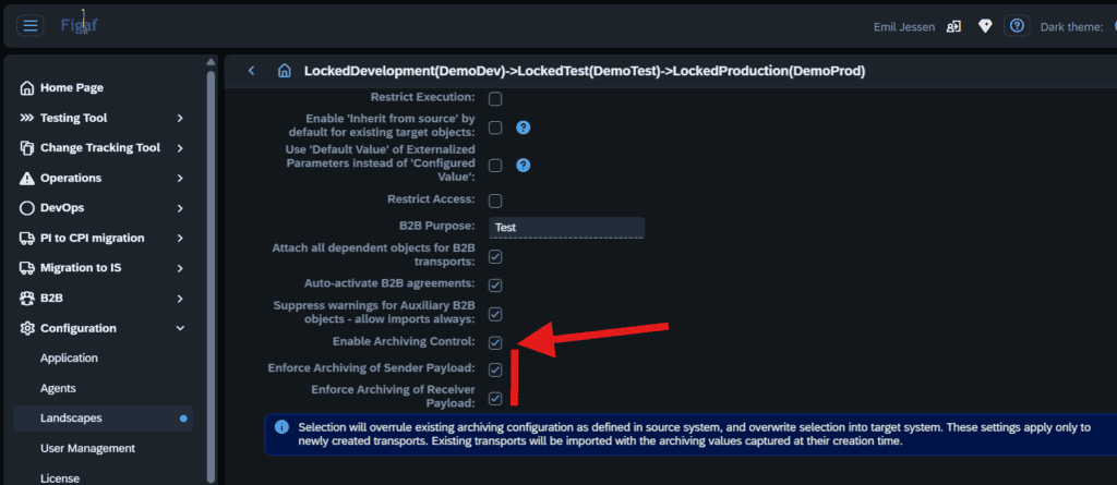 Landscape settings for B2B transports in Figaf with the option to automatically enable archiving in the target system