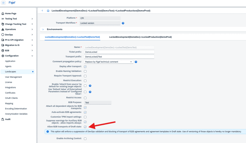 Figaf landscape settings for B2B transports, with the option to allow drafts of agreement templates and agreements