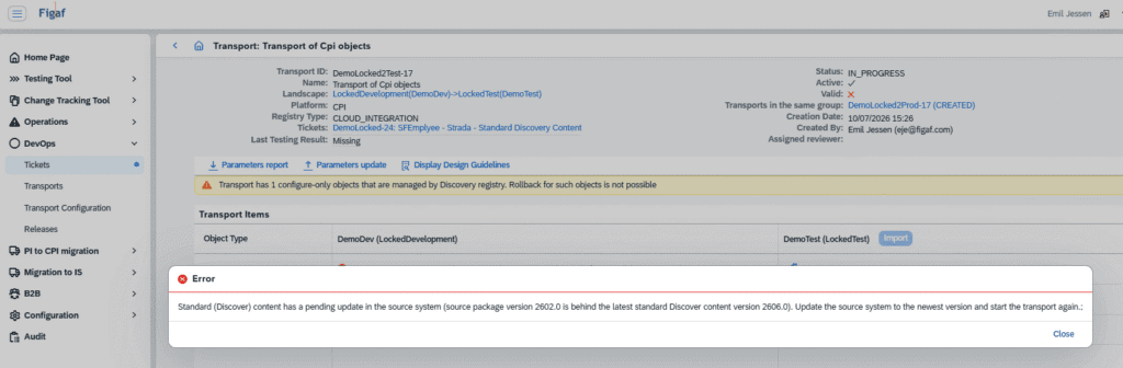 Figaf transport check flagging that the Discovery content version on the target differs from the source