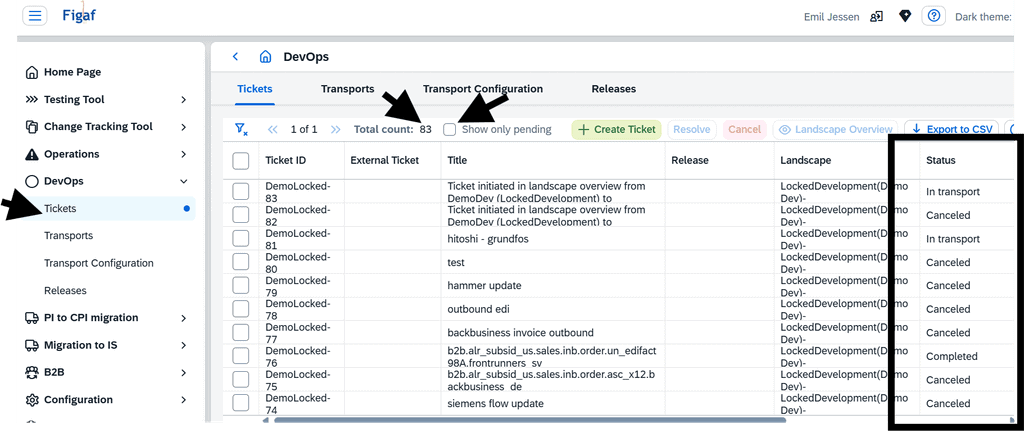 Screenshot: Better management and transparency over DevOps tickets and transports