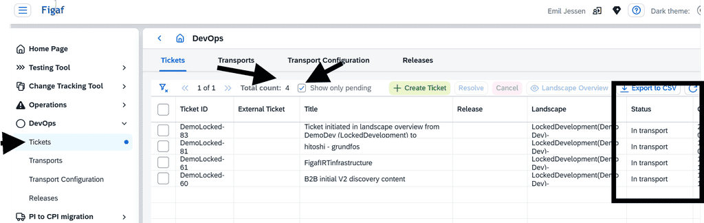 Screenshot: Better management and transparency over DevOps tickets and transports