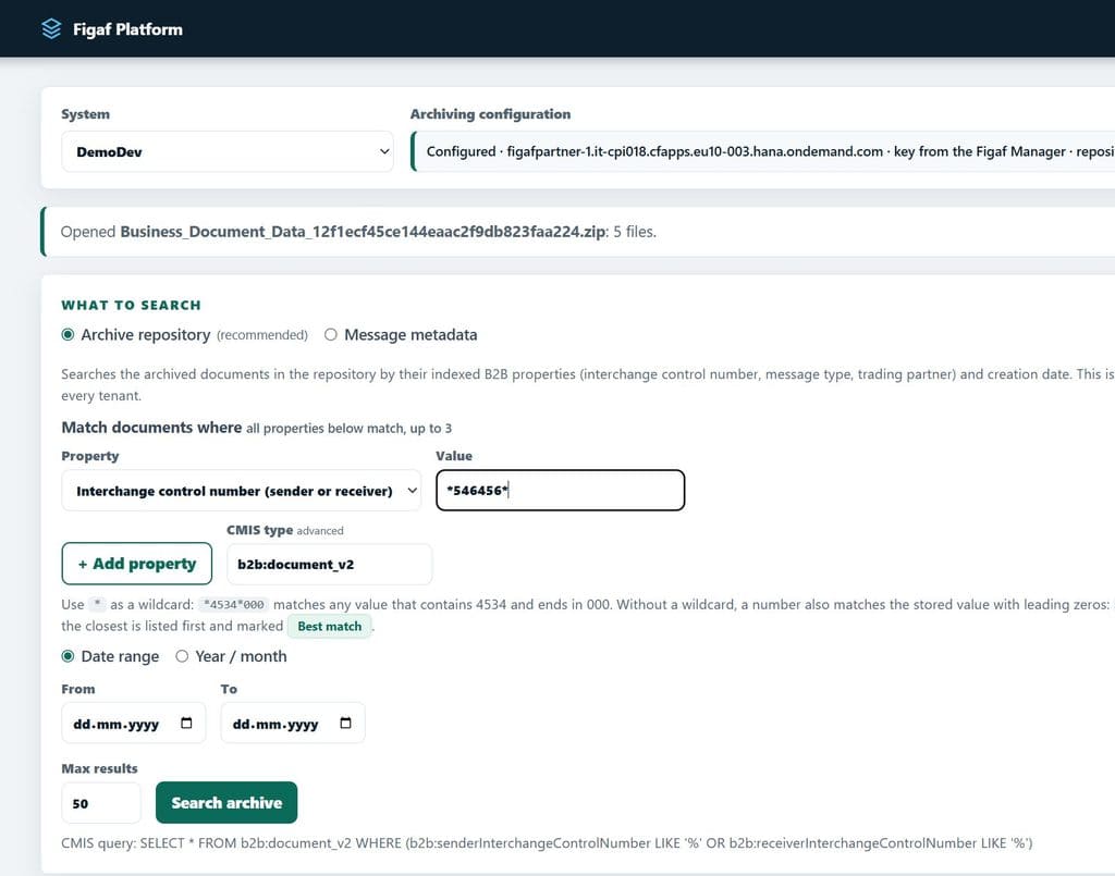The search form in B2B Archiving Search: an interchange control number with wildcards as the search value, a date range, and the generated CMIS query underneath.