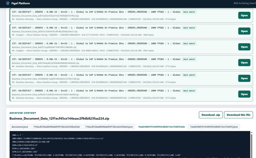 Search results listing archived EDIFACT ORDERS interchanges marked best match, with one opened to show its files and the raw EDIFACT message.