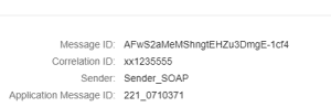 Message properties in Cloud Integration showing the message ID, correlation ID, sender and application message ID