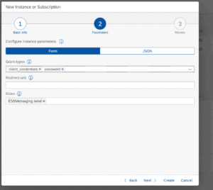 Creating a service instance on SAP BTP with the grant types client_credentials and password, and the role ESBMessaging.send