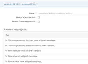 Figaf transport from sampledev to the virtual sampleqa landscape, with rules that add the prefix sampleqa to iFlow and mapping names