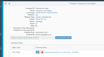 Figaf transport TRANSPORT-1008 for a Cloud Integration iflow, marked as not valid with a warning icon on the transport item