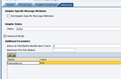 SAP PI file channel advanced settings with the messageLog parameter in the additional parameters