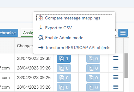 Menu on the Change Tracking page with the option Transform REST/SOAP API objects