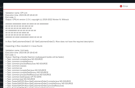 Figaf error dialog with validation output from CPILint and Gradle unit tests, reporting that iflow GetCustomersOrder2 lacks a required description