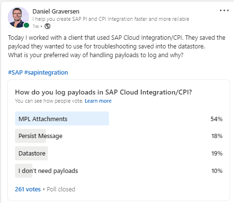 LinkedIn poll on how people log payloads in SAP Cloud Integration: MPL attachments 54%, Persist Message 18%, Datastore 19%, no payloads 10%