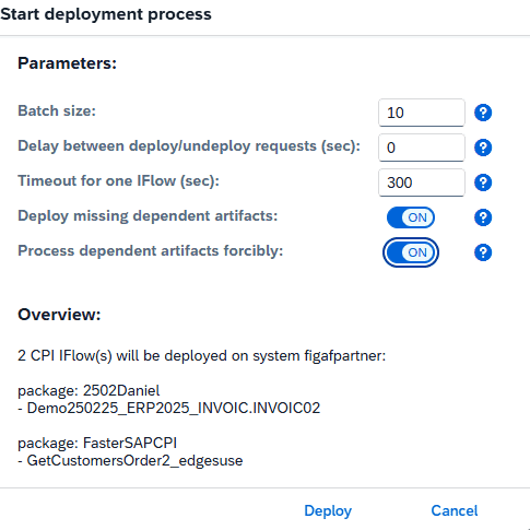 Screenshot of SAP integration deployment process with parameters and overview details.