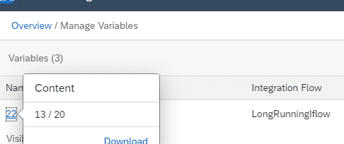 The Manage Variables page in Cloud Integration, showing the progress 13 / 20 for the LongRunningIflow
