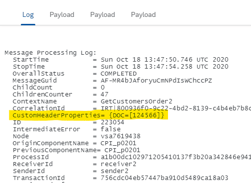 The message processing log, with the custom header property DOC highlighted