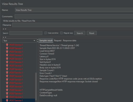 The JMeter results tree with failed requests and an SSLException with the message Socket closed
