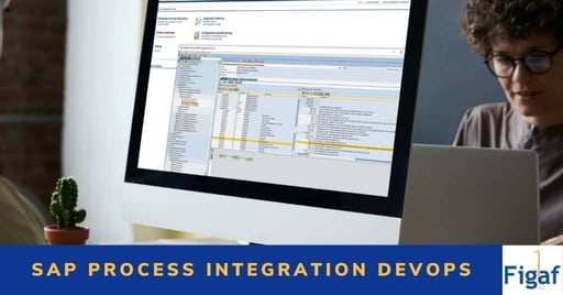Banner with an SAP PI Integration Builder screen on a monitor and the title SAP Process Integration DevOps