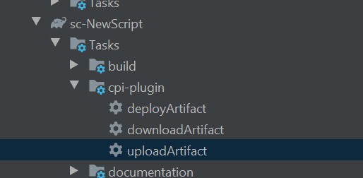 The Gradle plugin menu in IntelliJ with the tasks deployArtifact, downloadArtifact and uploadArtifact for a script collection