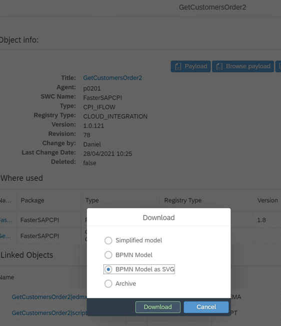 Figaf object info for the GetCustomersOrder2 iFlow with a download dialog where BPMN Model as SVG is selected