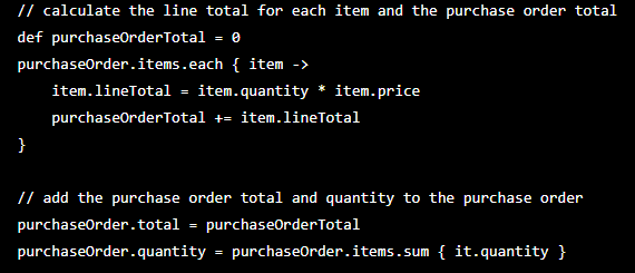 Groovy code from ChatGPT that calculates a line total for each item and adds the purchase order total and quantity