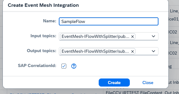 Figaf test case setup for events, with an input topic and output topic linked by a correlation ID