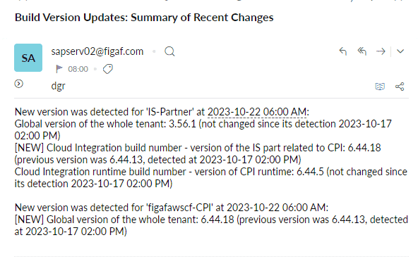 Email from Figaf listing which tenants were updated to a new Cloud Integration version and the old version