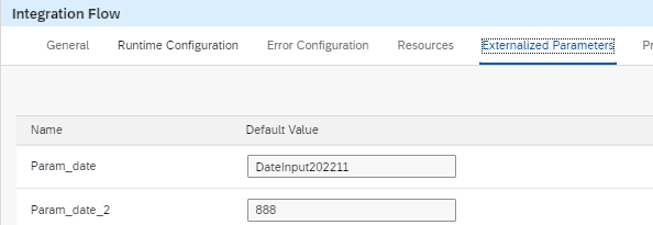 CPI iflow externalized parameters showing Param_date and a second property Param_date_2 with a different value