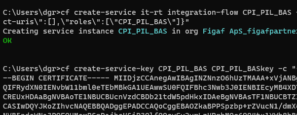 Windows terminal running the generated cf create-service and cf create-service-key commands, with the service instance created OK